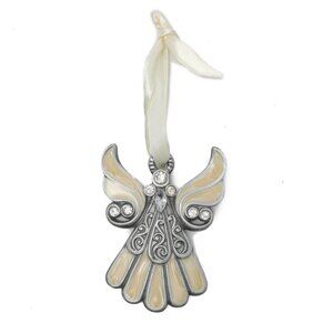 Enamelled Angel Tree Ornament Holidays Christmas Cream Silver Rhinestones